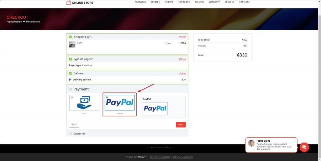 Les clients peuvent payer leurs commandes en ligne via PayPal une fois que vous avez intégrer ce moyen de paiement à l'espace des ventes.